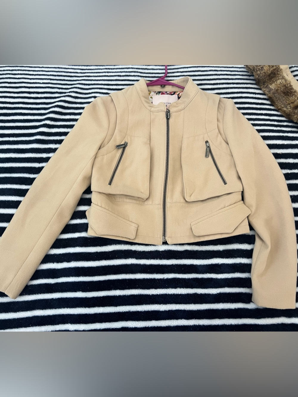 Shoulder (Brazil Brand) Women’s Beige wool Bomber Jacket with Zip Pockets